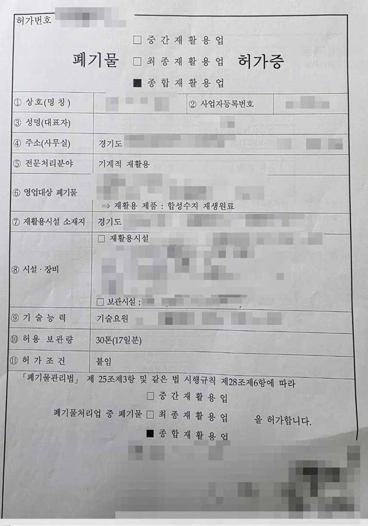 実際の廃棄物総合リサイクル業許可証（폐기물종합재활용업 허가증） — 会社名、許可番号、住所は発行機関により伏せられています