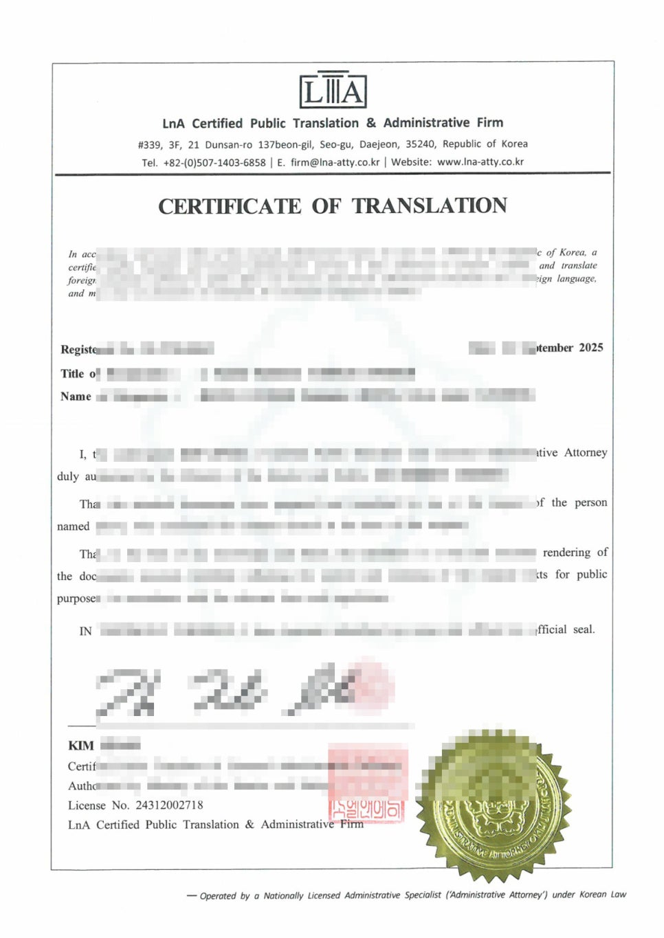 Certificate of Translation sample